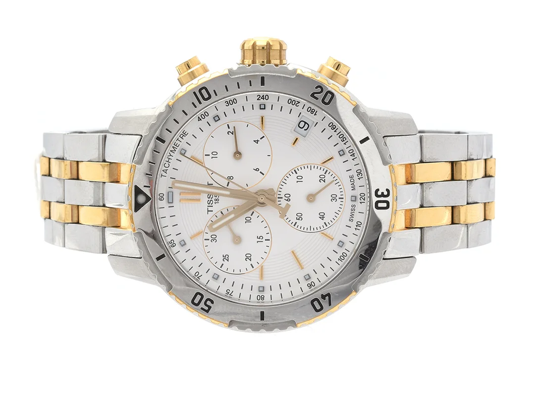 TISSOT, Prs200, ref: T067417A, snr: 16JA1314652, quartz går ej, datum, kronograf, 42mm, stål tvåfärgat, nollställer ej korrekt, box — Klockor/Tissot — Kaplans