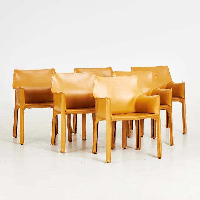 MARIO BELLINI. Karmstolar, 6 st, "413 Cab", klädda i gult skinn, för Cassina.