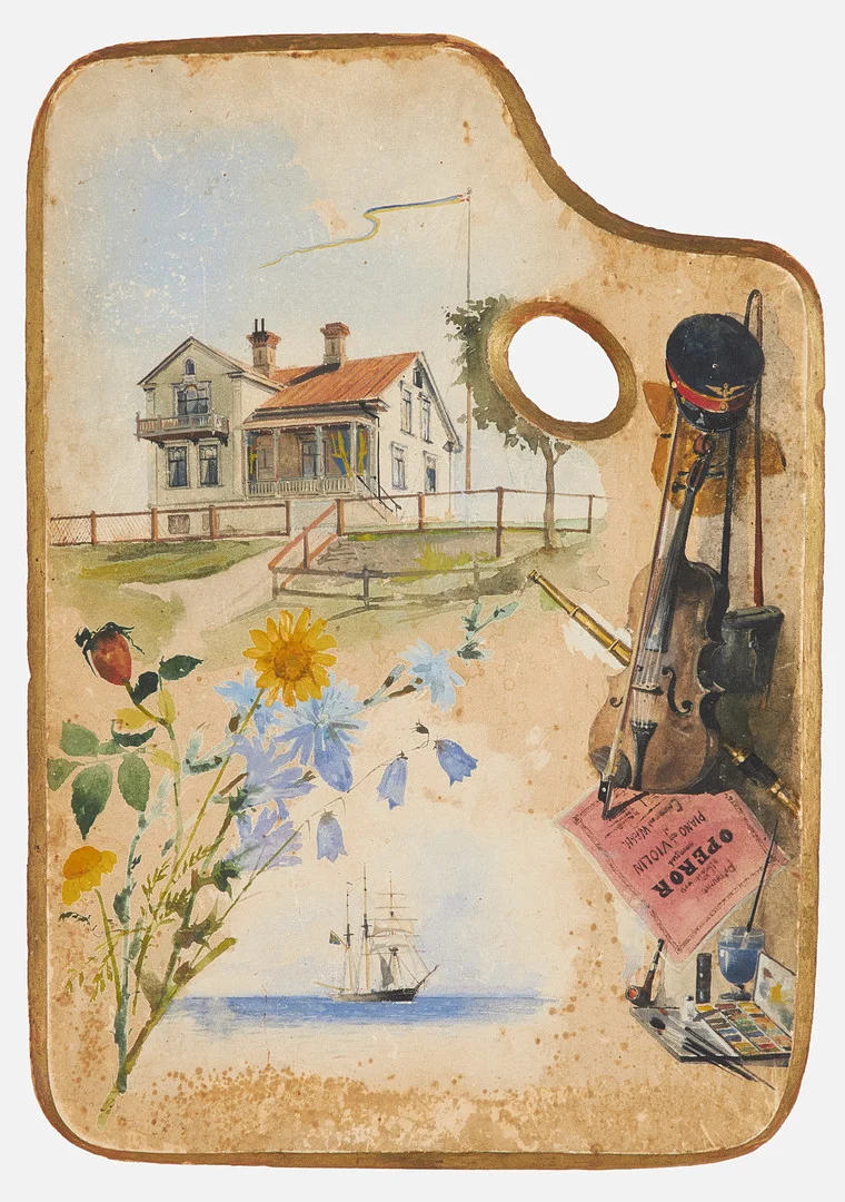 ANNA PALM DE ROSA. Komposition med marint tema, akvarell gouache på palettformad pannå. — Paintings — Stockholms Auktionsverk Sickla