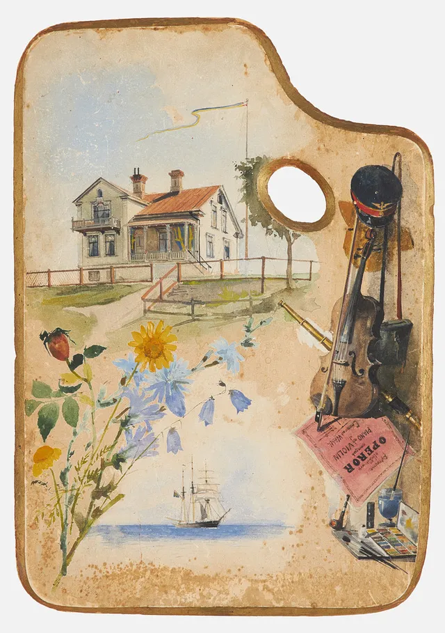 ANNA PALM DE ROSA. Komposition med marint tema, akvarell gouache på palettformad pannå.