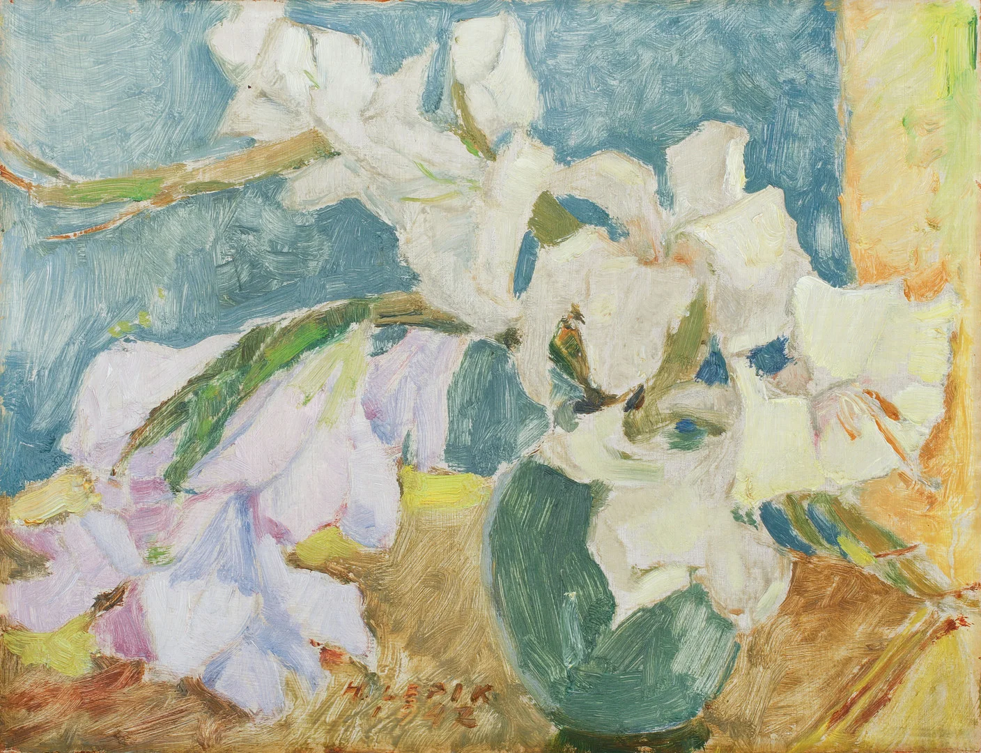 HUGO LEPIK. Stilleben med gladiolus. Olja på pannå, signerad och daterad -47. — Paintings — Göteborgs Auktionsverk