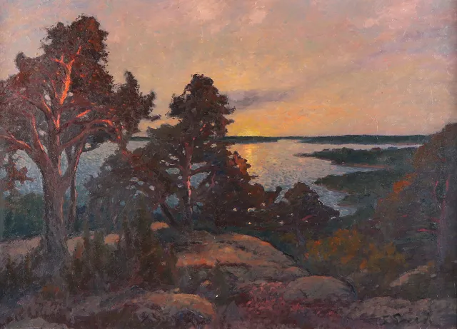 FRANS GARD. Oljemålning på duk. Skärgårdslandskap med tallar i solnedgång. Signerad.