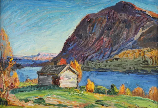 ALF SUNDSTRÖM. Bergslandskap med stuga, olja på pannå, signerad.