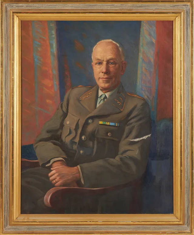 ROBERT LÖFGREN. Porträtt Gustav Åkerman, olja på duk, cop efter Gunne, signerad R Löfgren, daterad 1961.