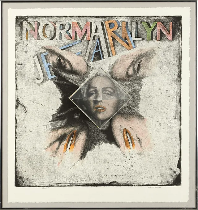 HANS HAMNGREN (1934-2017). Marilyn Monroe, signerad och numrerad Hamngren 106/115, etsning och akvarell, anamorfos med pyramidspegel.