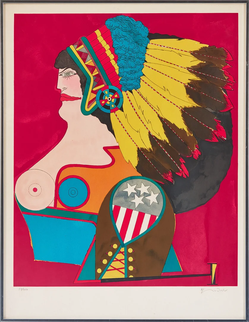 RICHARD LINDNER (Tyskland 1901-1978) "Miss american indian", färglitografi, signerad med blyerts R. Lindner, numrerad 58/250. — Engravings & Prints — Stockholms Auktionsverk Magasin 5