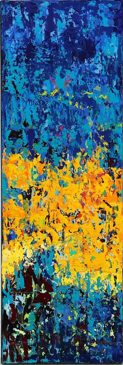 “Sneakpeek III”, 2016. Signed Pia Andersen. Oil on canvas. 90×30 cm.