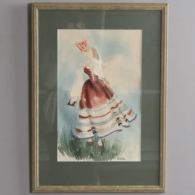 SILVIA LEITU (1912-1969). Akvarell, Kvinna i folkdräkt från Estland, signerad.