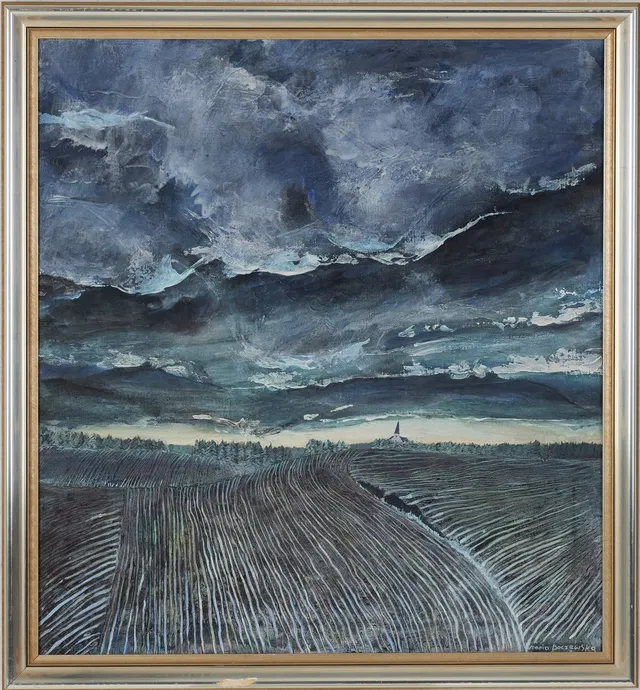MARIA BOCZEWSKA (1940). Gotiskt landskap med kyrka, olja på duk, signerad.