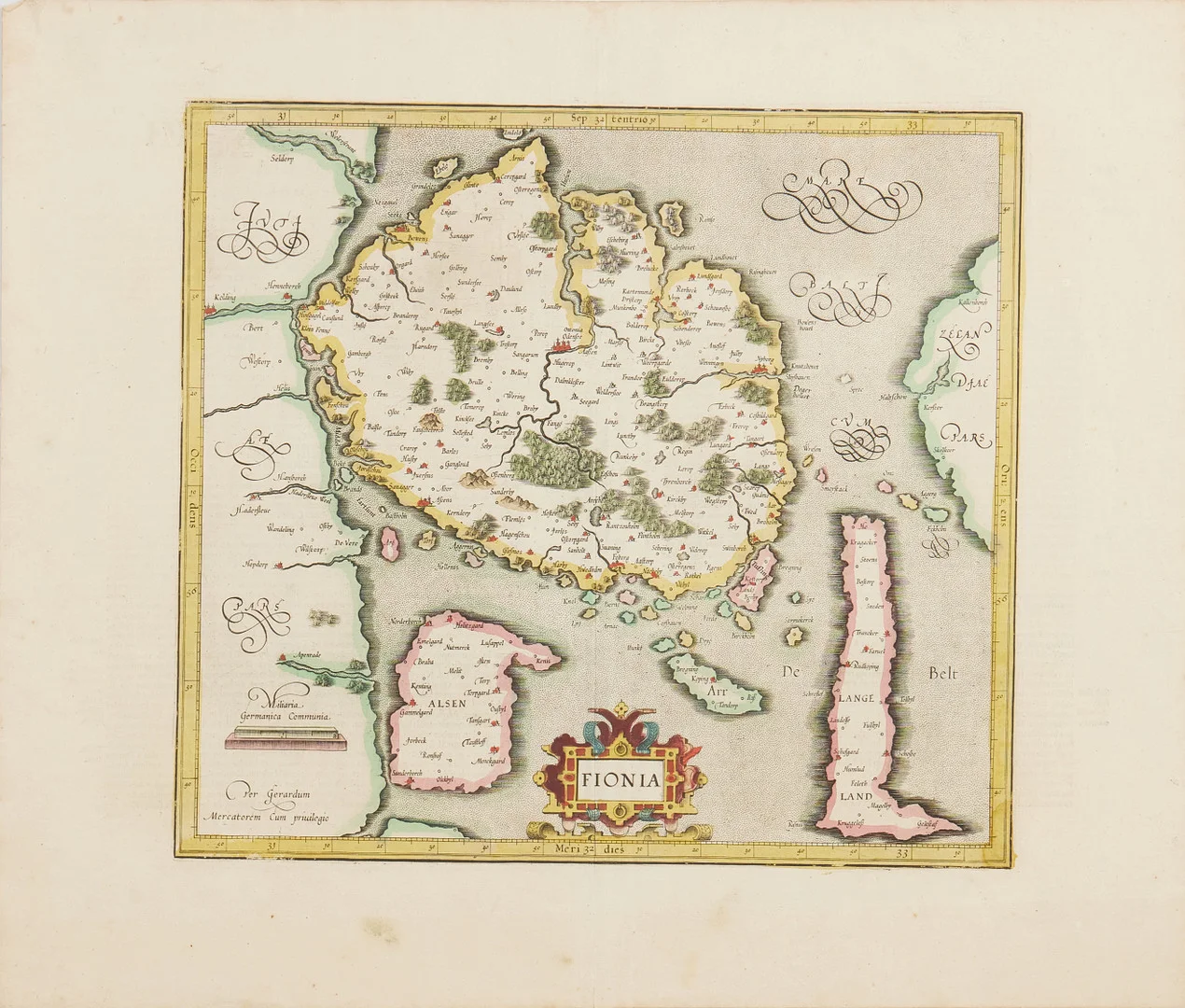 Karta över Fyn, Danmark, av Mercator ca 1610. — Maps — Stockholms Auktionsverk Magasin 5