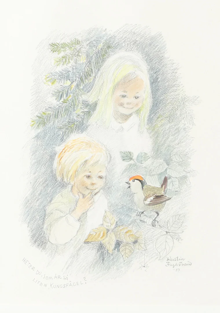 KERSTIN FRYKSTRAND. Barn och fågel, teckning, signerad -87. — Drawings — Helsingborgs Auktionskammare