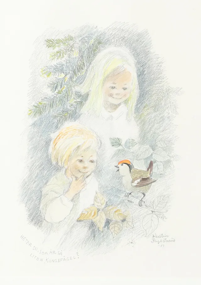 KERSTIN FRYKSTRAND. Barn och fågel, teckning, signerad -87.