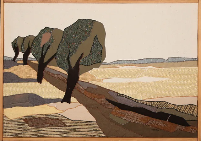 ANITA HEDIN. "Pilarna på heden", textil, signerad.