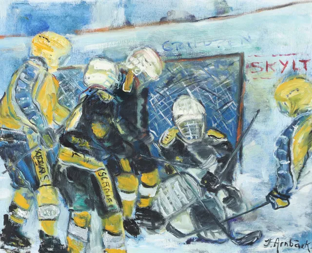 INGA ARNBÄCK. Ishockey, olja på duk, signerad I. Arnbäck.