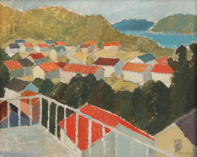 JOHN HEDMAN (1913-1994) "Morgonljus över staden från en balkong, Kramfors", olja på pannå.