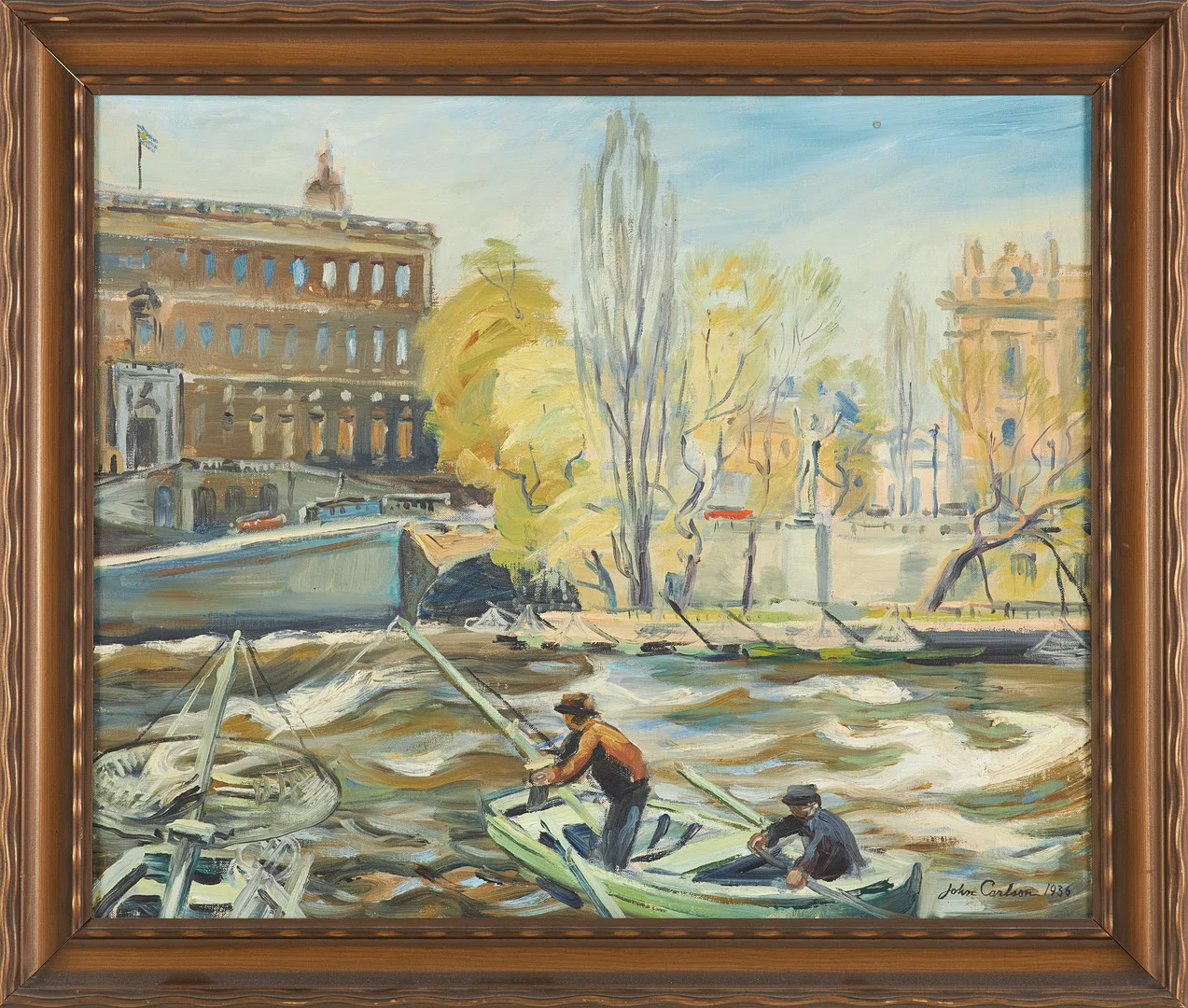 JOHN CARLSON. Motiv med vy från strömmen mot Kungliga Slottet, olja på duk, signerad John Carlson, daterad 1936. — Paintings — Stockholms Auktionsverk Sickla