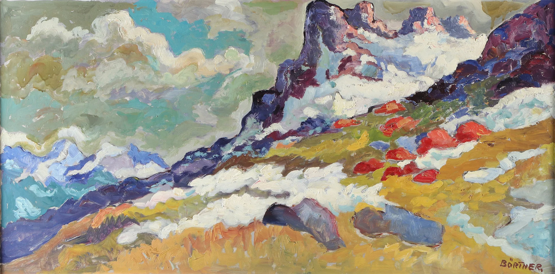 GUSTAF BÖRTNER. Oljemålning på pannå. Bergslandskap. Signerad. — Paintings — Skånes Auktionsverk