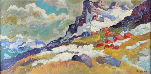 GUSTAF BÖRTNER. Oljemålning på pannå. Bergslandskap. Signerad.