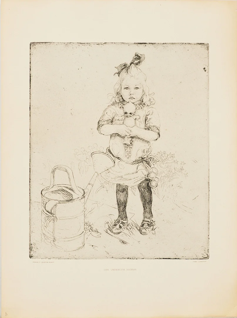 CARL LARSSON. efter, "Den underliga dockan", etsning, Föreningen för grafisk konst. — Engravings & Prints — Stockholms Auktionsverk Magasin 5