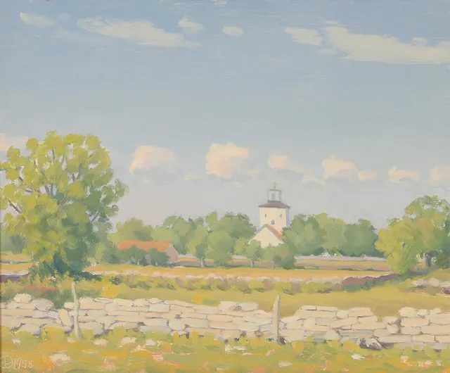 EINAR PETTERSSON. Landskap med kyrka, olja på pannå, monogramsignerad.