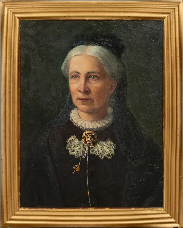 HULDA SCHENSON (1847–1941). Porträtt föreställande Rosalie Roos Olivecrona (1823–1898), olja på duk uppfodrad på pannå, signerad Hulda Scenson 1885.