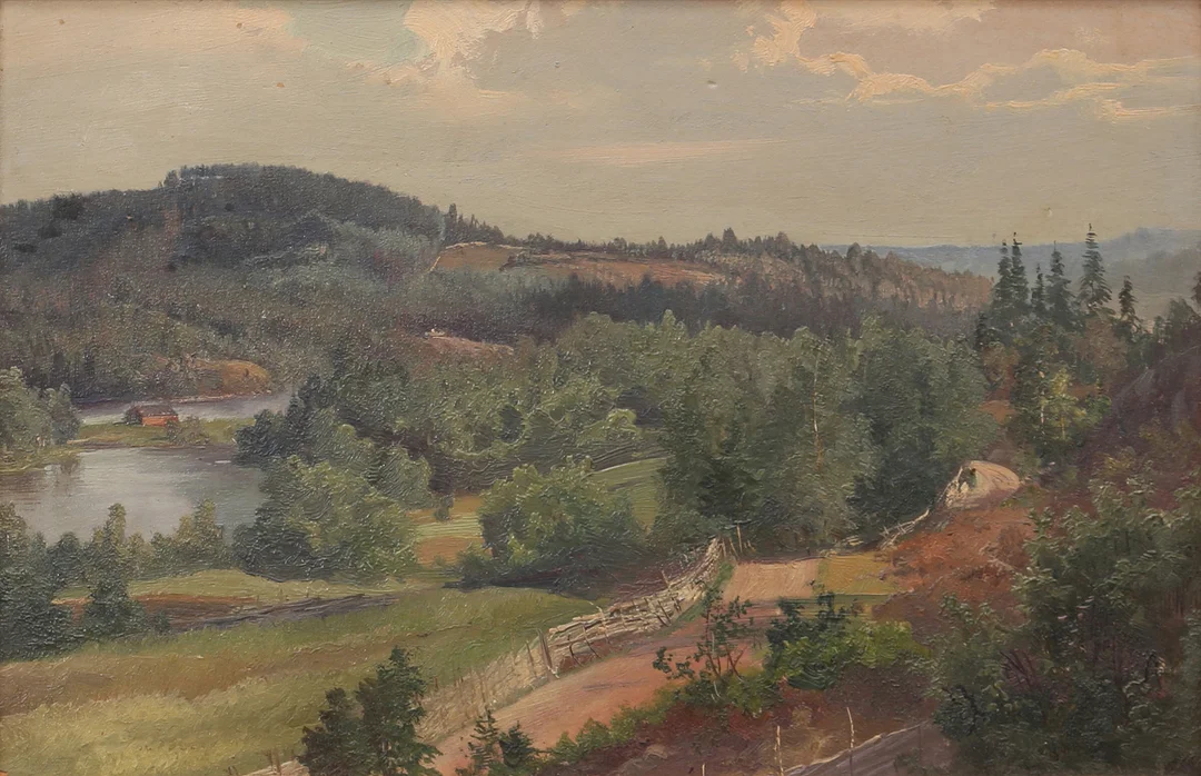 JOSEFINA HOLMLUND. Bergslandskap. Olja på pannå, signerad. — Paintings — Auktionshuset Thelin & Johansson