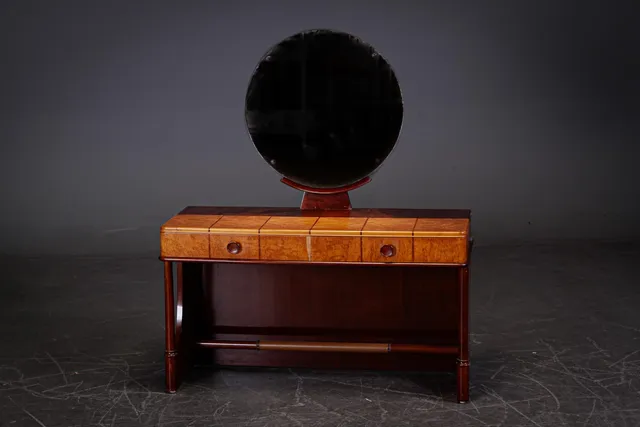 Art Deco sminkebord af birketræ og mahogni, 1900-tallets første halvdel