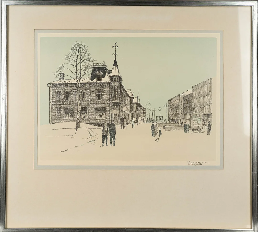 ÅKE PETTERSSON NÅW. Färglitografi, "Gånggatan Umeå" signerad, numrerad 209/210. — Engravings & Prints — Norrlands Auktionsverk