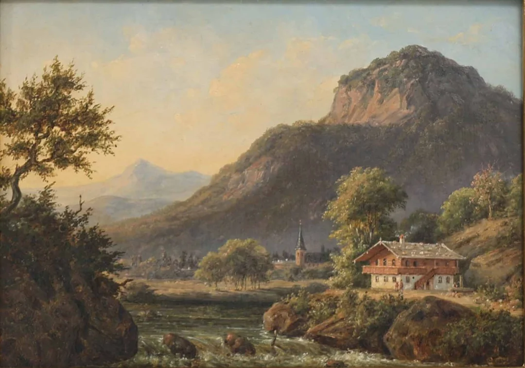 F. C. Kiærschou: Alpine landscape with houses and church — Paintings and sculptures/Older pictorial arts — Lauritz