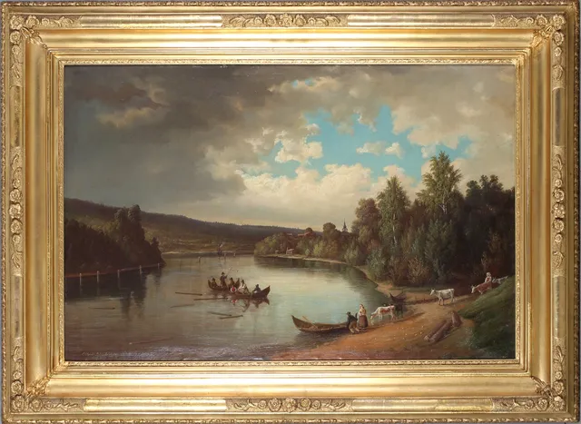 ALBERT  BLOMBERGSSON. Motiv från Siljan vid Leksands kyrka, olja på duk, signerad och daterad 1867.