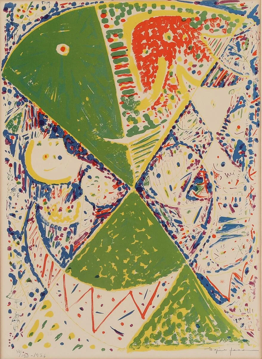 Composition with mask. Signed Egill Jacobsen, 1976, 40/120. Lithograph. Sheet size 53×38 cm. — Modern Prints/CoBrA — Bruun Rasmussen