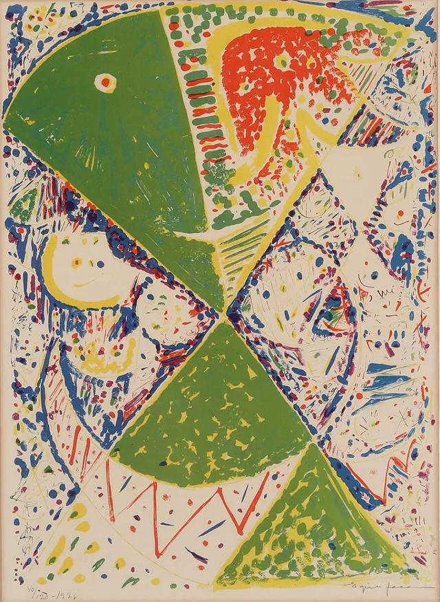 Composition with mask. Signed Egill Jacobsen, 1976, 40/120. Lithograph. Sheet size 53×38 cm.