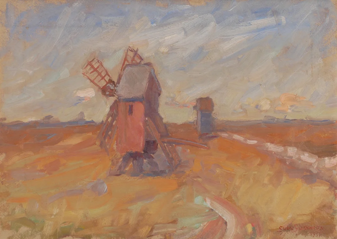 SVEN SVENSSON. Landskap med väderkvarnar Öland, olja på duk, Sven Svensson 1945. — Paintings — Auktionsfirma Kenneth Svensson i Kalmar
