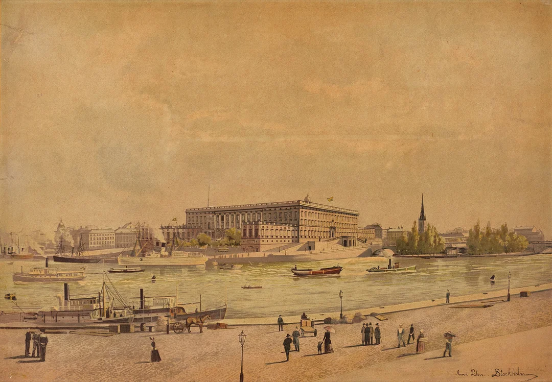 ANNA PALM DE ROSA (1859–1924). Vy mot Stockholms slott, litografi, signerad i trycket, omkring år 1900. — Engravings & Prints — Crafoord Auktioner Stockholm