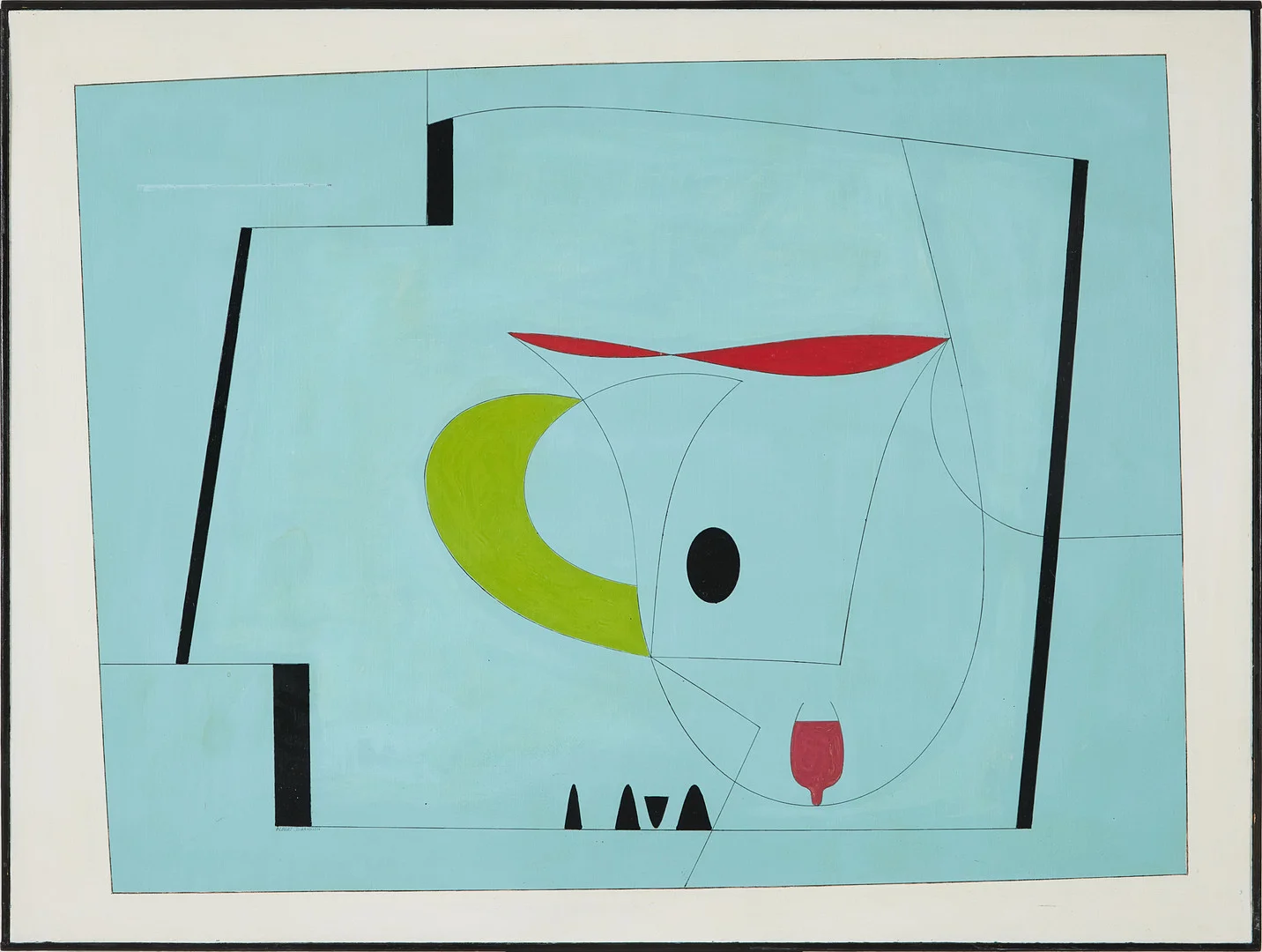 ALBERT JOHANSSON. Målning - komposition, limfärg/ olja på pannå, signerad á tergo, 1987. — Paintings — Stockholms Auktionsverk Magasin 5