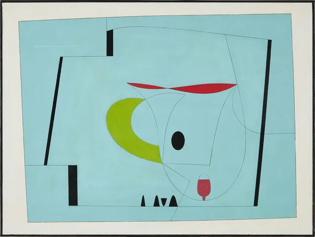 ALBERT JOHANSSON. Målning - komposition, limfärg/ olja på pannå, signerad á tergo, 1987.