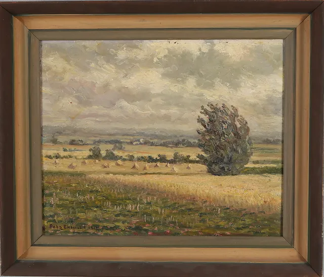 PEHR EKLUND. "Motiv från Lundaslätten 1919", olja på pannå, signerad samt daterad 1919.