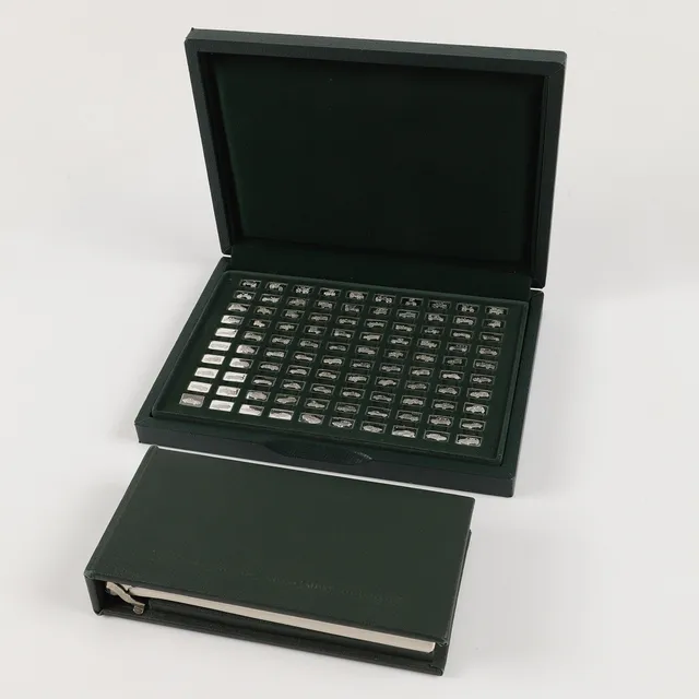 MINIATYRPLAKETTER, "De 100 förnämsta bilarna", sterlingsilver, Franklin Mint.
