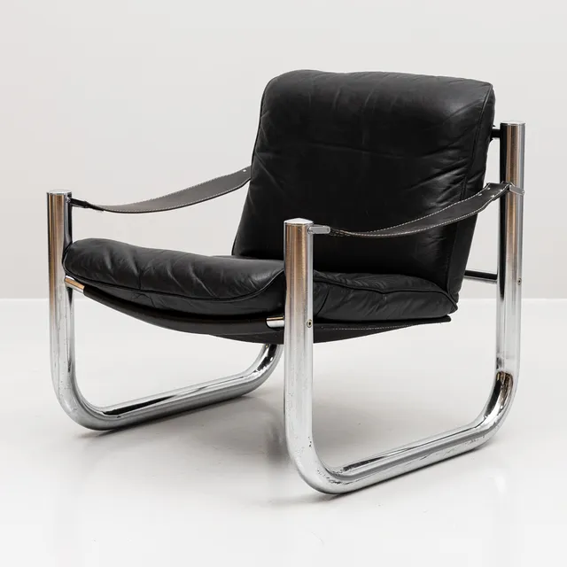 HANS EHRLIN. Fåtölj, "Ricco", svart skinnklädsel, Norell Möbler, 1970-/1980-tal.