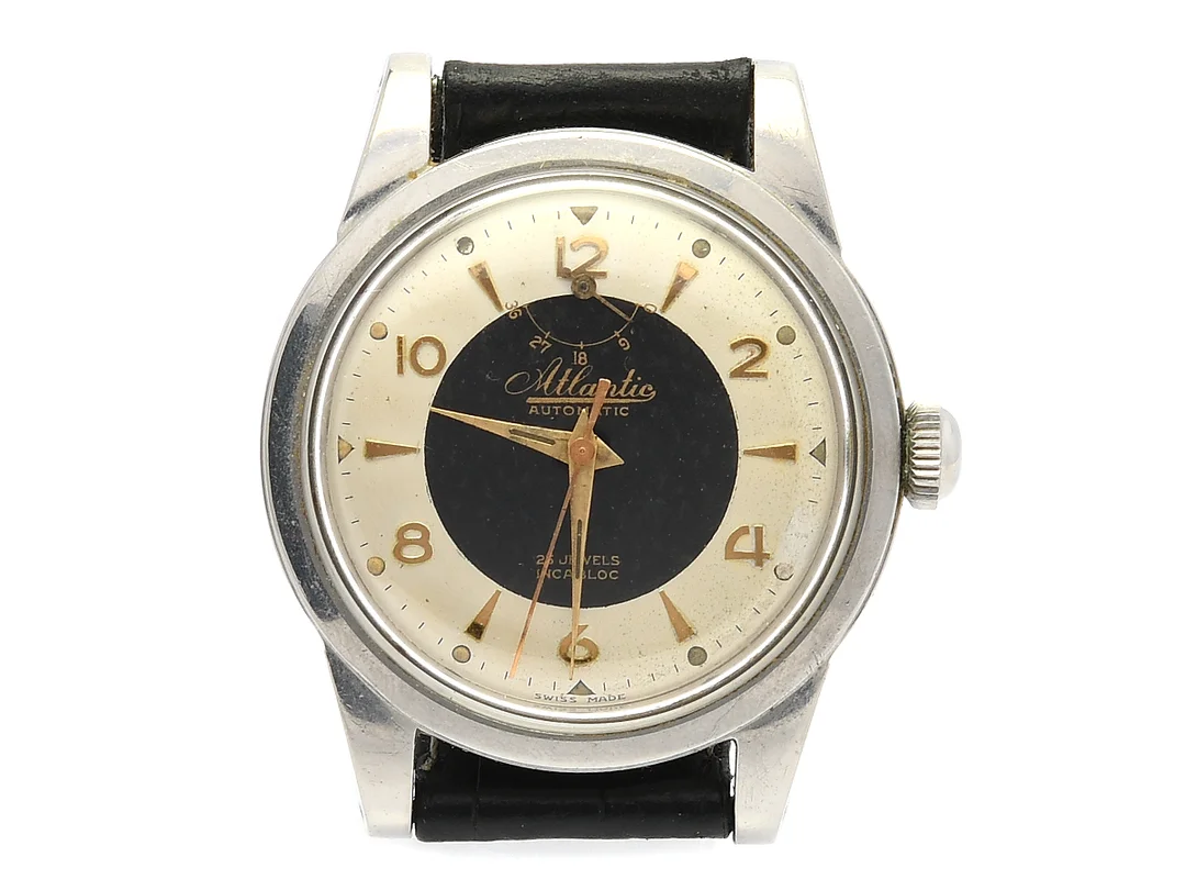 ATLANTIC, herrur, 36 mm, Cal AS 1382 N, Boett nr. 105359, stål, automatisk, plexiglas, gångreservsindikator, skadad urtavla, läderband, ca 1955. — Klockor/Atlantic — Kaplans