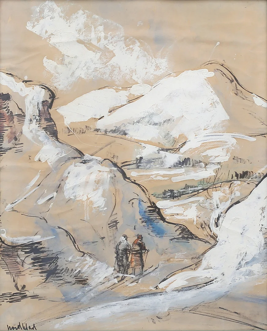 GÖSTA NORDBLAD. Bergslandskap med skidåkare. Blandteknik, signerad. — Paintings — Auktionshuset Thelin & Johansson