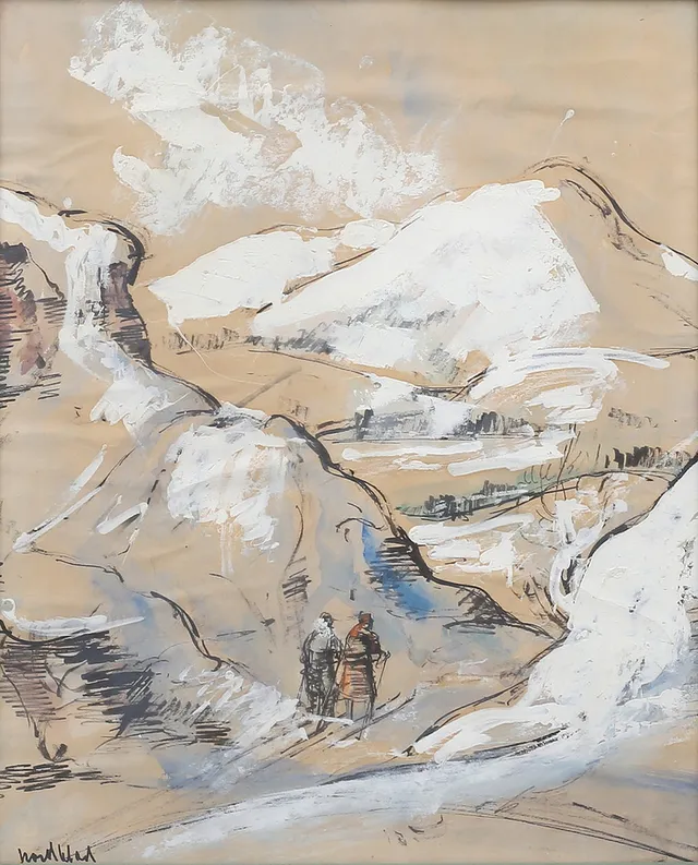 GÖSTA NORDBLAD. Bergslandskap med skidåkare. Blandteknik, signerad.