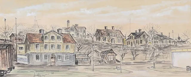 LARS HULTGREN. "Hamngatan med Besväret", Oskarshamn. Blandtreknik, signerad och daterad 71.