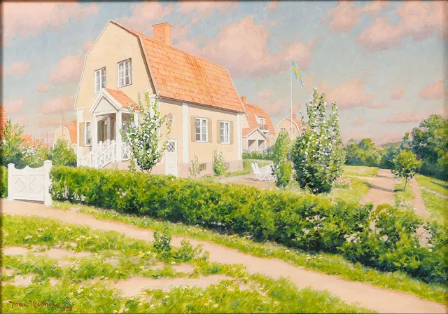 JOHAN KROUTHÉN. Blommande vårträd på gården, olja på duk, signerad och daterad 1928.