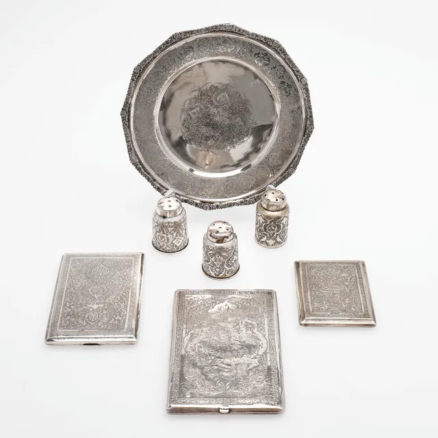 PERSISKT SILVER, 7 DELAR, 4 delar med otydda mästarstämplar, 763 g.