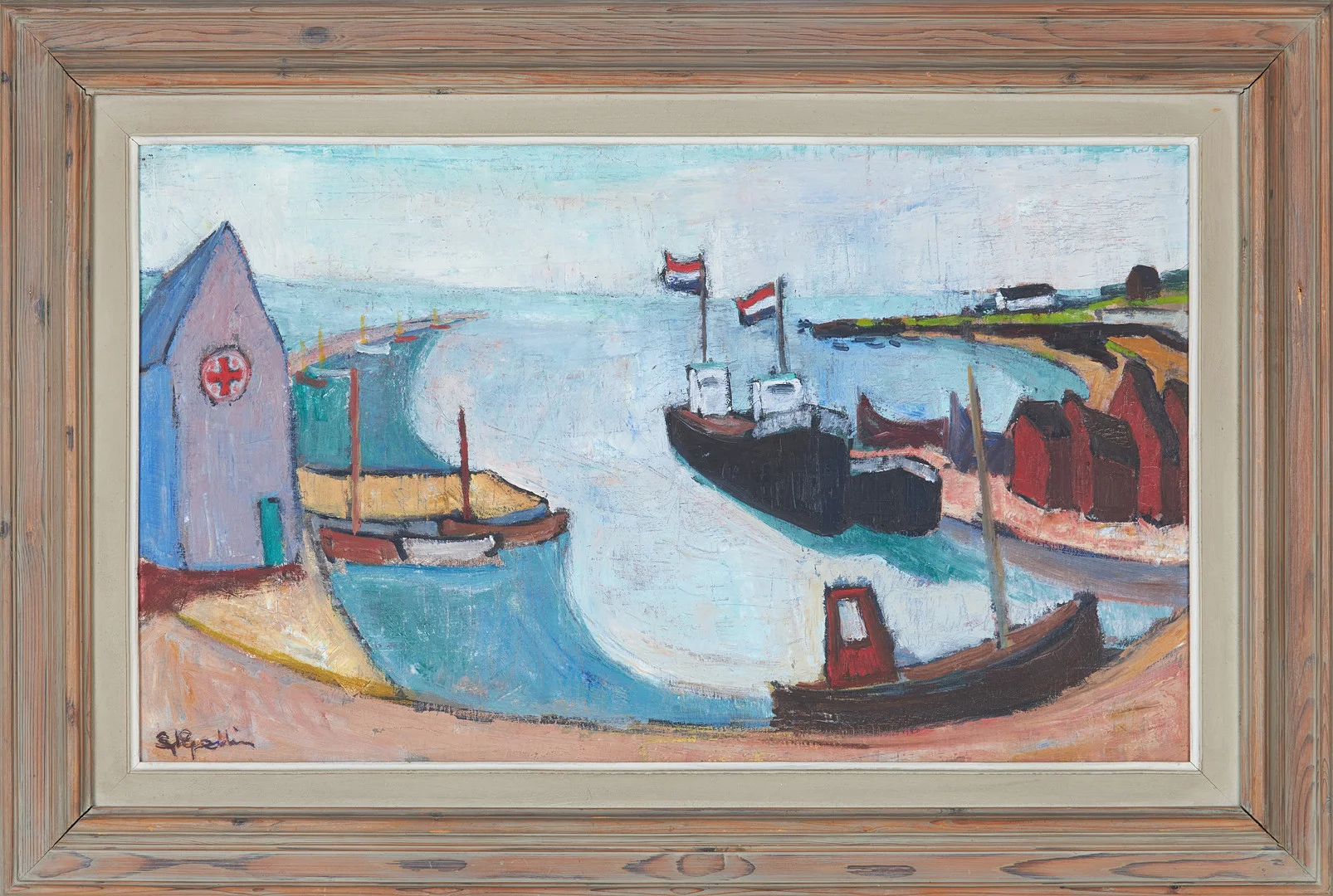 STIG KJELLIN (1914-1979). Båtar vid hamn, olja på pannå, signerad. — Paintings — Stockholms Auktionsverk Sickla