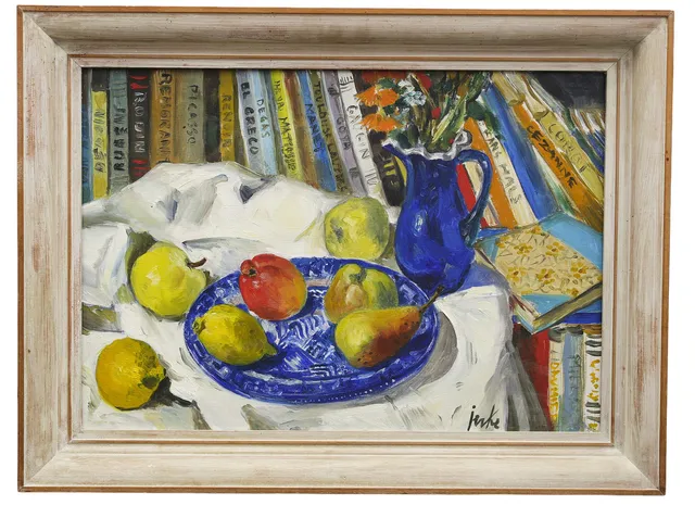 ERIK JERKEN (1898-1947). Olja på duk, stilleben med frukter på blått fat, signerad.