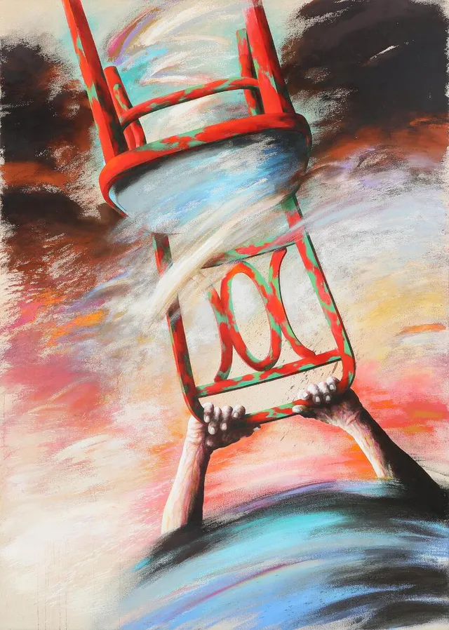 “The Act”, New York, 1986. Signed with title and date on the reverse. Oil on canvas. 143×102 cm. Unframed.