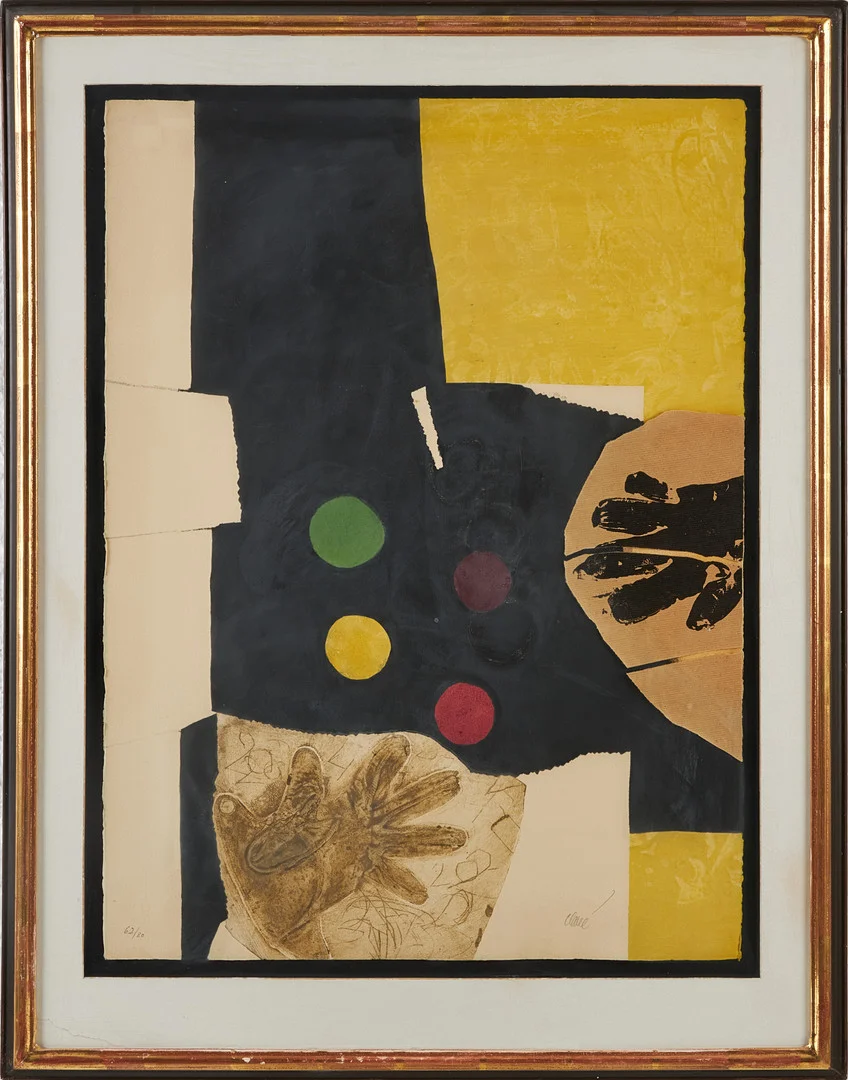 ANTONI CLAVÉ. Jonglerie, 1973, signerad Clavé, 62/80, färgetsning/akvatint med carborundum och collage. — Engravings & Prints — Stockholms Auktionsverk Magasin 5