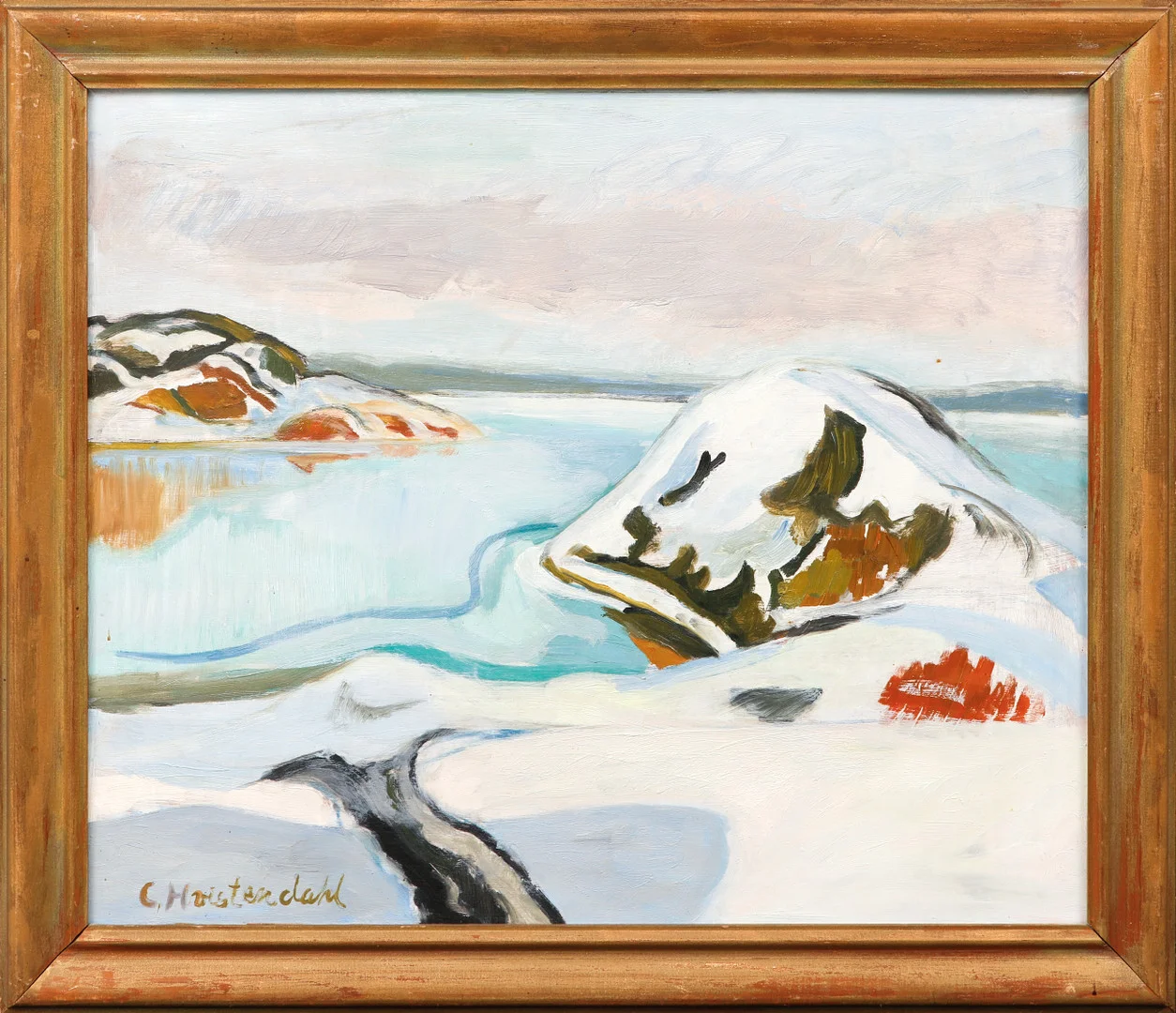 CARSTEN HVISTENDAHL. Kustvy i vinterskrud. Olja på pannå, signerad. — Paintings — Göteborgs Auktionsverk